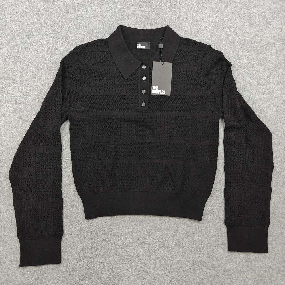 The Kooples Sweater Womens 4 Black Open Knit Bandana Patchwork Collared Top